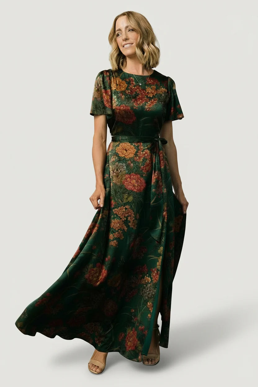 Agnes Satin Maxi Dress | Dark Green Floral Main image