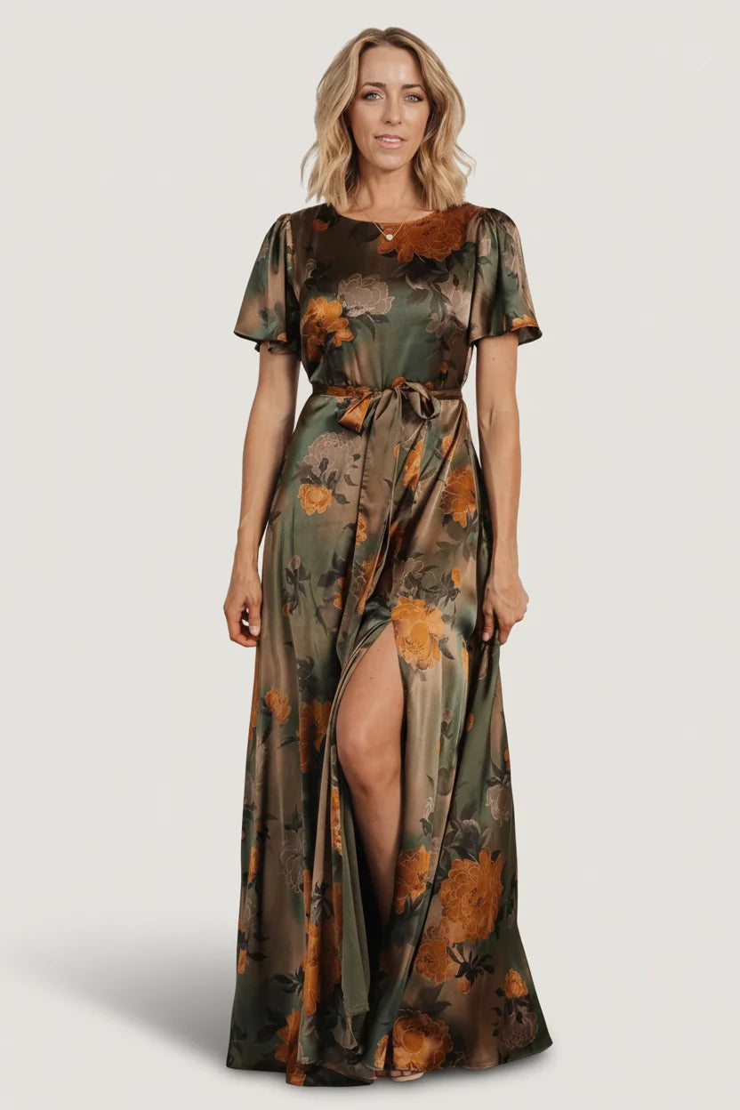 Agnes Satin Maxi Dress | Olive Floral Main image