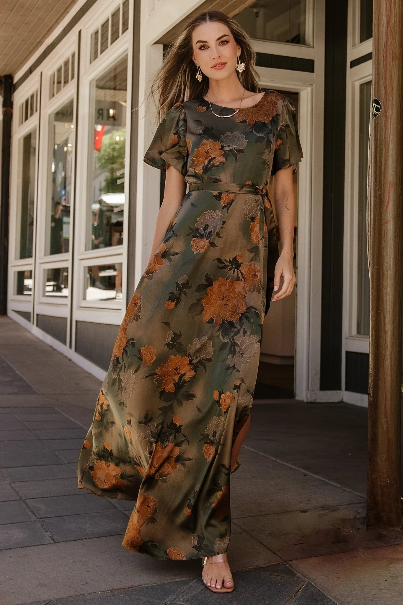 Agnes Satin Maxi Dress | Olive Floral Secondary image