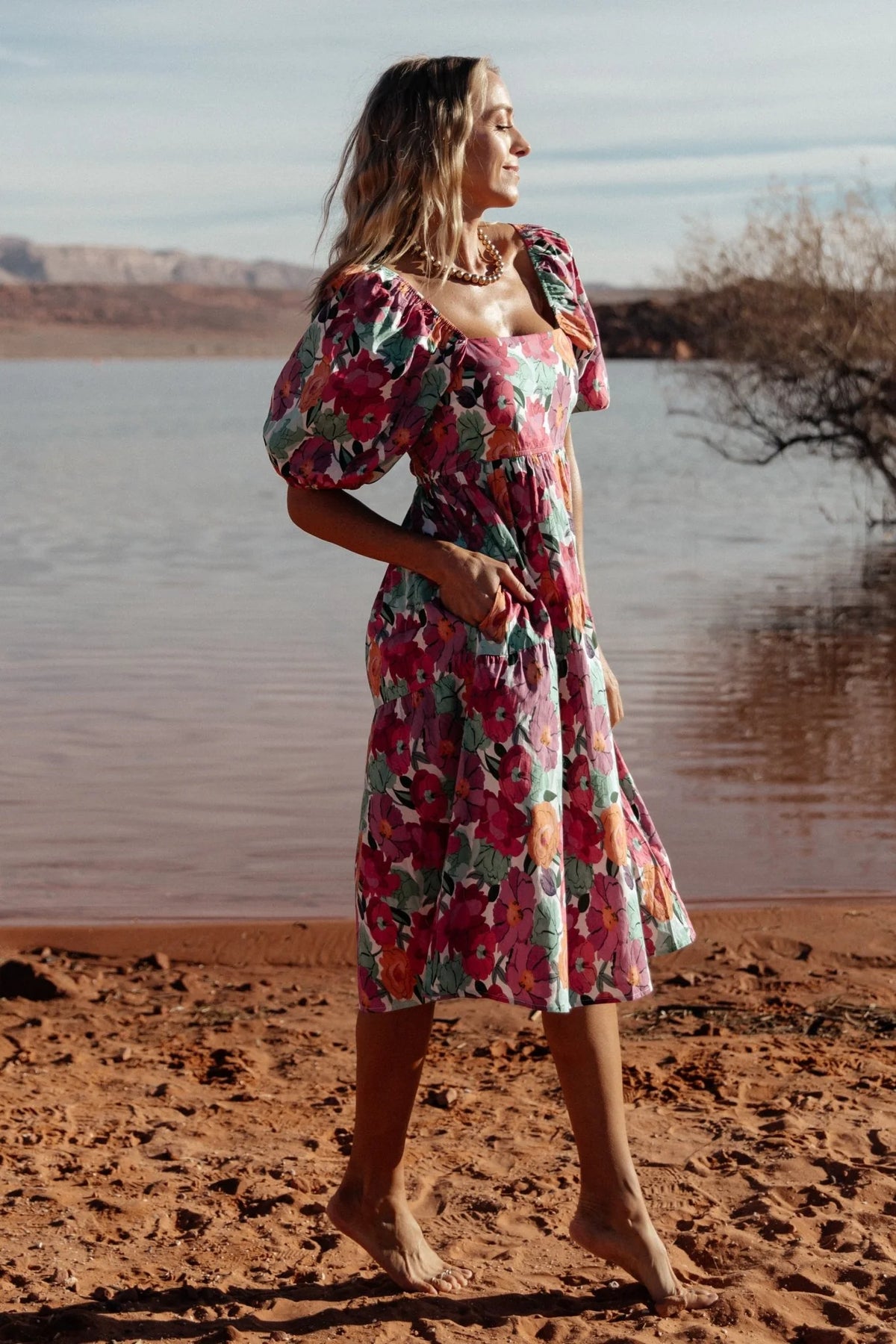 Aimee Puff Sleeve Midi Dress | Pink Multi