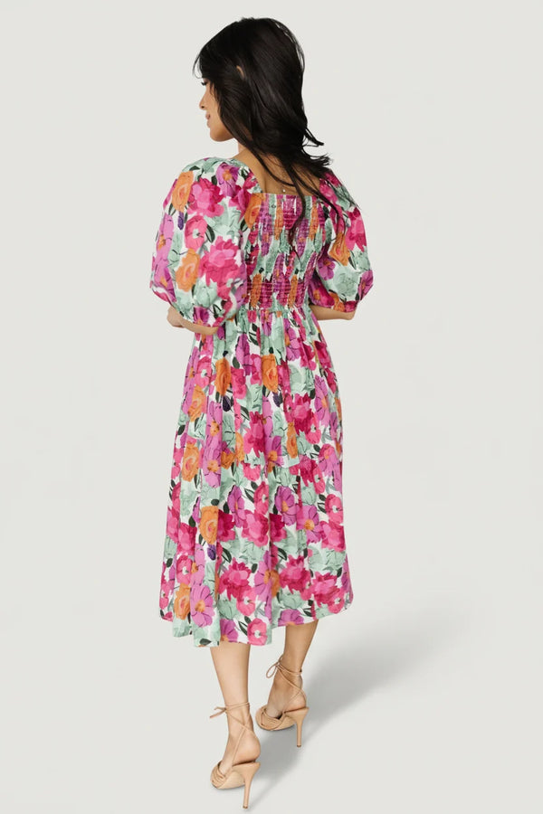 Aimee Puff Sleeve Midi Dress | Pink Multi