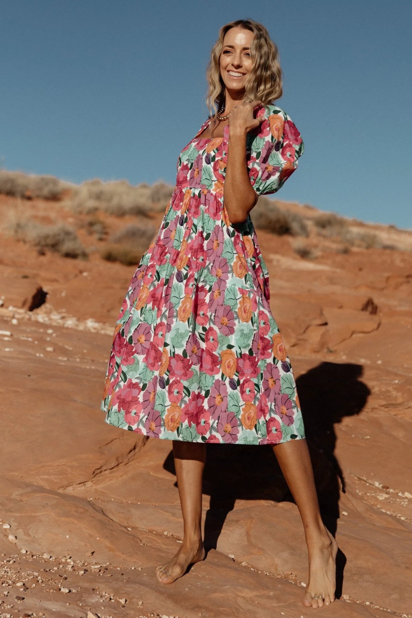 Aimee Puff Sleeve Midi Dress | Pink Multi Secondary image