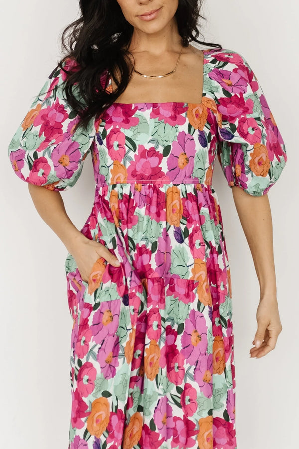 Aimee Puff Sleeve Midi Dress | Pink Multi
