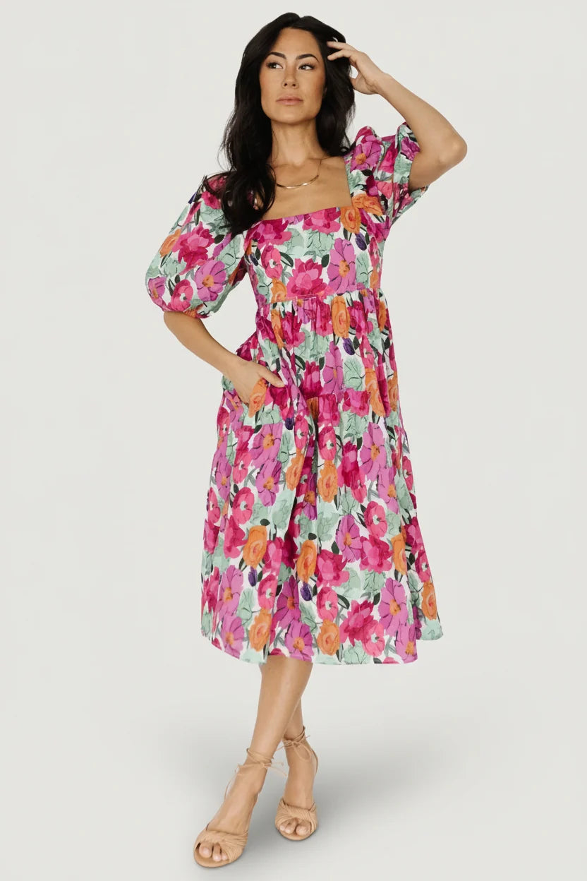 Aimee Puff Sleeve Midi Dress | Pink Multi Main image