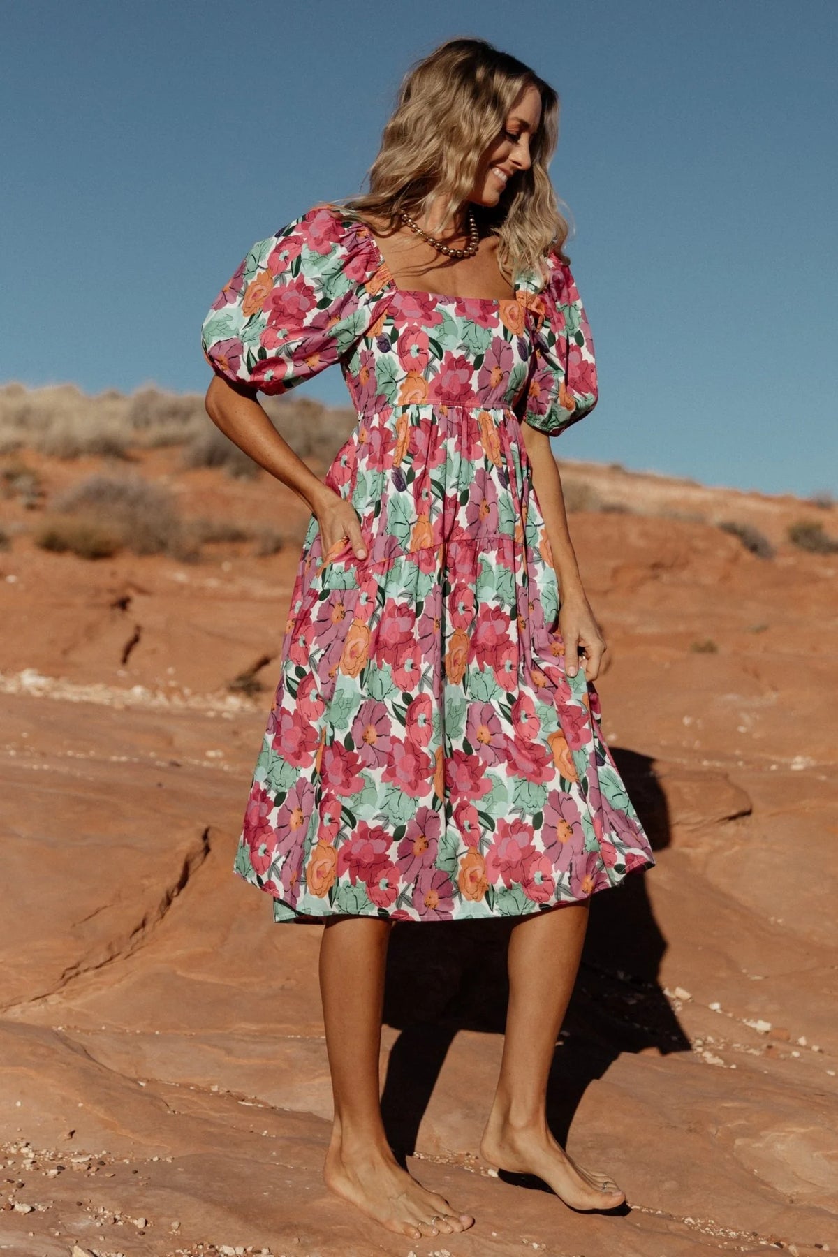 Aimee Puff Sleeve Midi Dress | Pink Multi