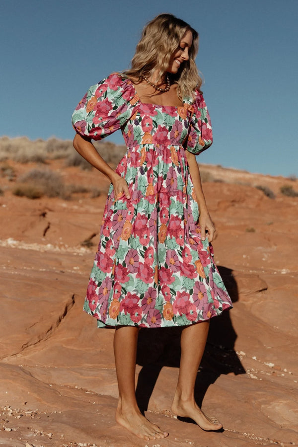 Aimee Puff Sleeve Midi Dress | Pink Multi