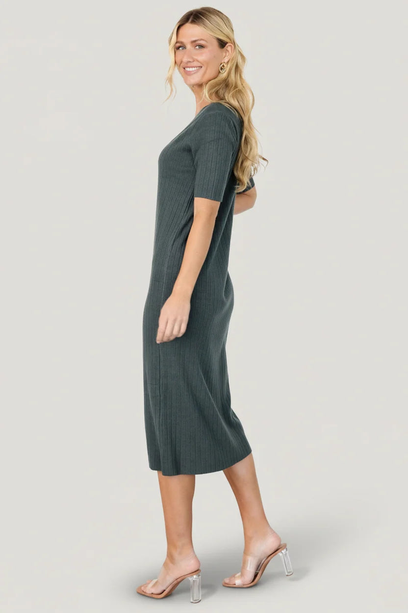Alicia Ribbed Midi Dress | Dusty Jade