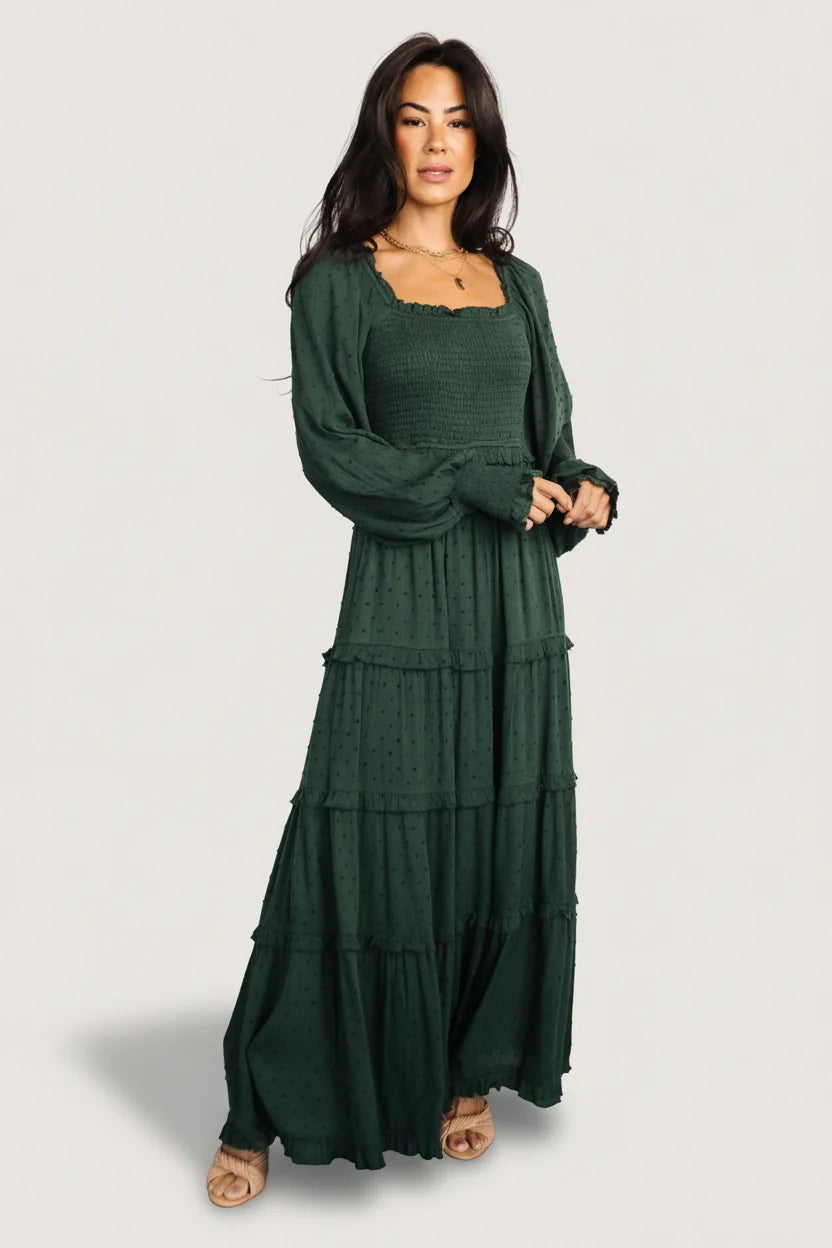 Amanda Smocked Dotted Maxi Dress | Evergreen Main image