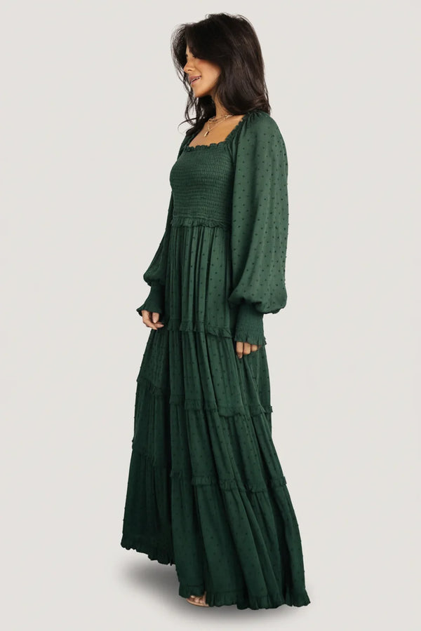 Amanda Smocked Dotted Maxi Dress | Evergreen