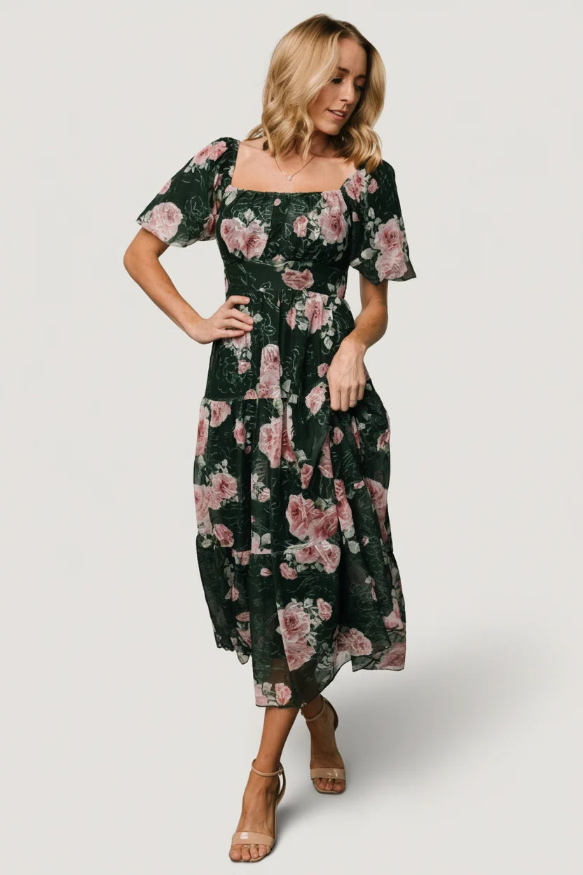 Annabeth Midi Dress | Dark Green + Pink