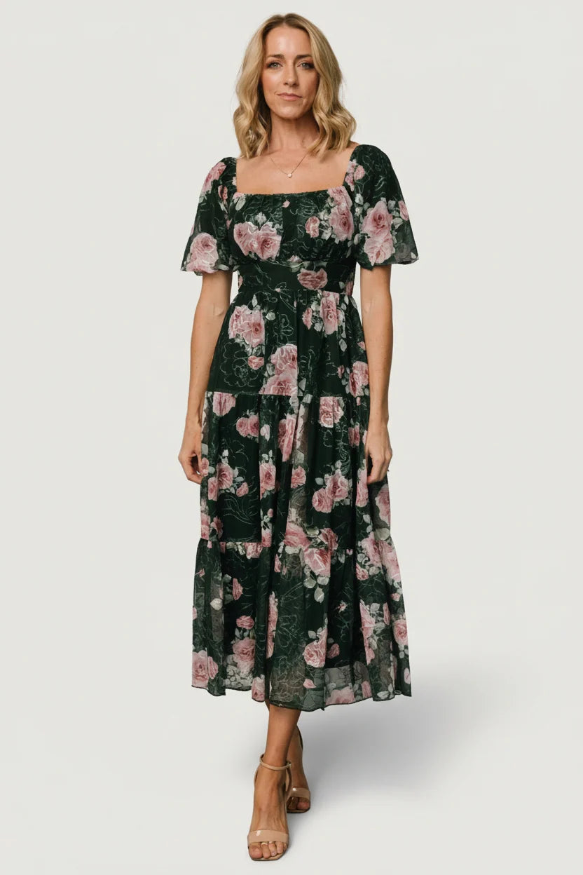 Annabeth Midi Dress | Dark Green + Pink Main image
