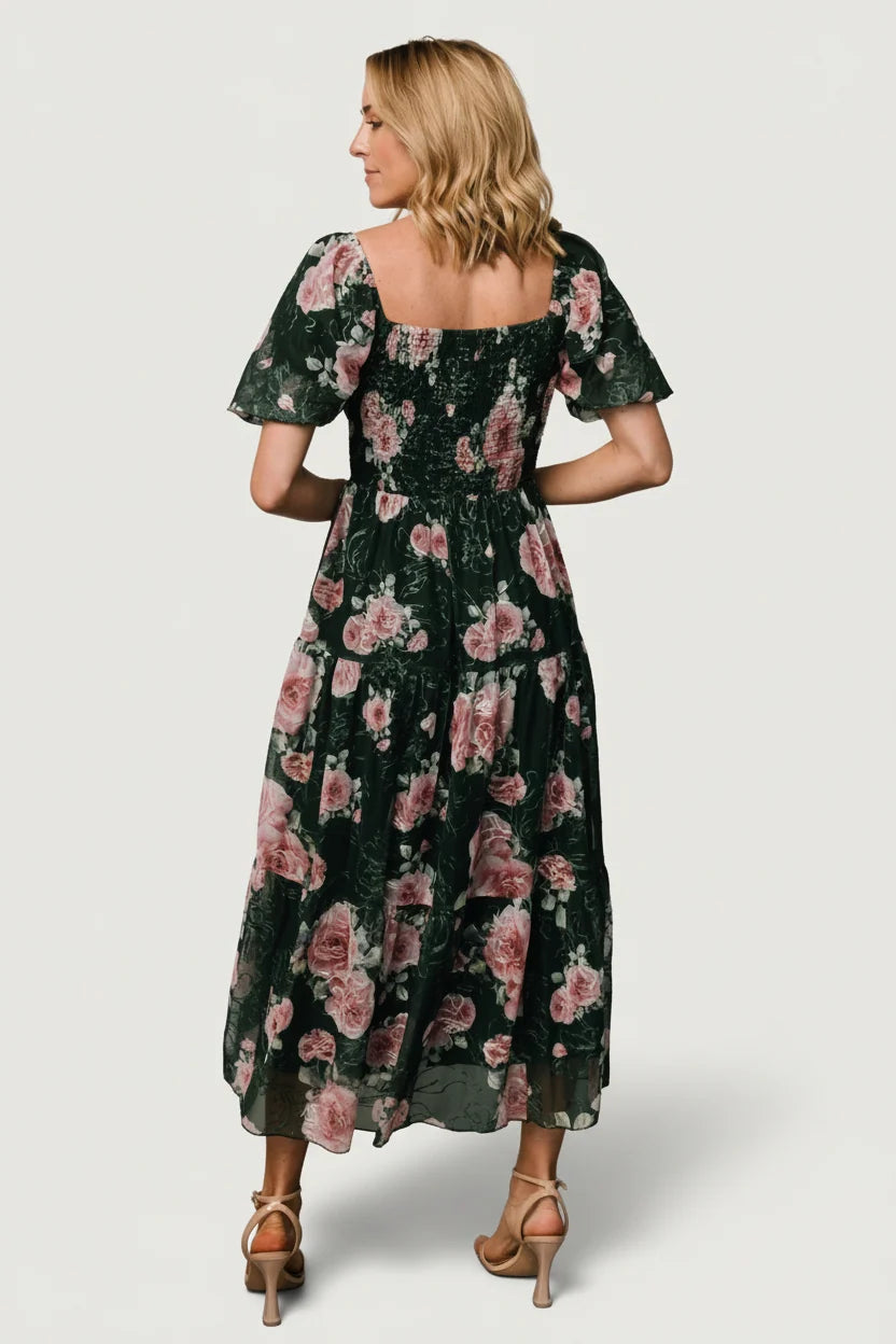 Annabeth Midi Dress | Dark Green + Pink Secondary image