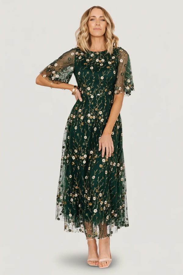 Arabella Embroidered Tulle Maxi Dress | Dark Green Floral