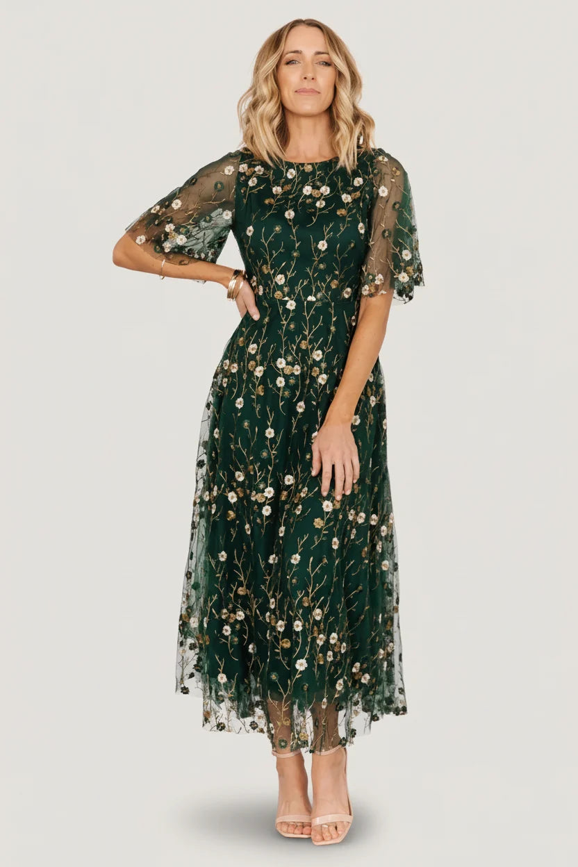 Arabella Embroidered Tulle Maxi Dress | Dark Green Floral Main image