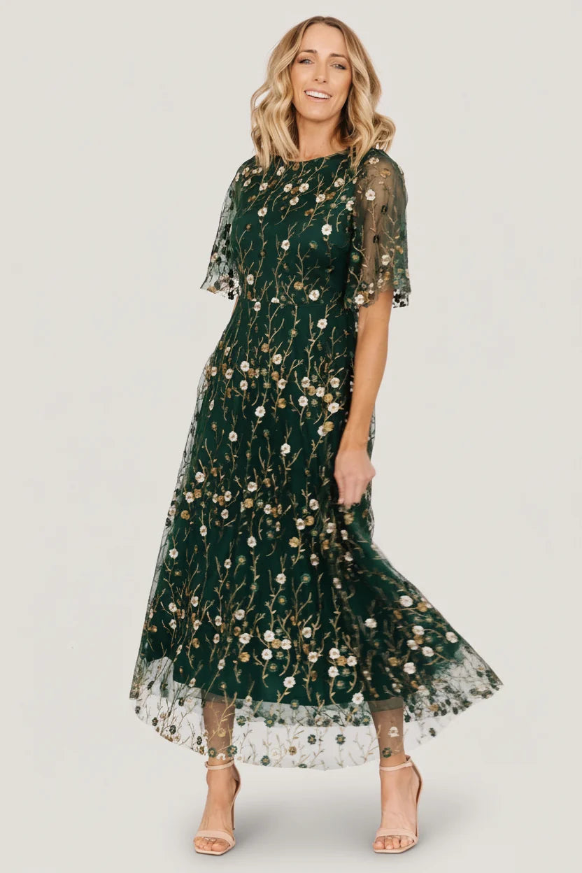 Arabella Embroidered Tulle Maxi Dress | Dark Green Floral