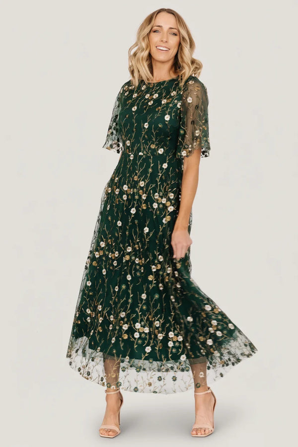 Arabella Embroidered Tulle Maxi Dress | Dark Green Floral