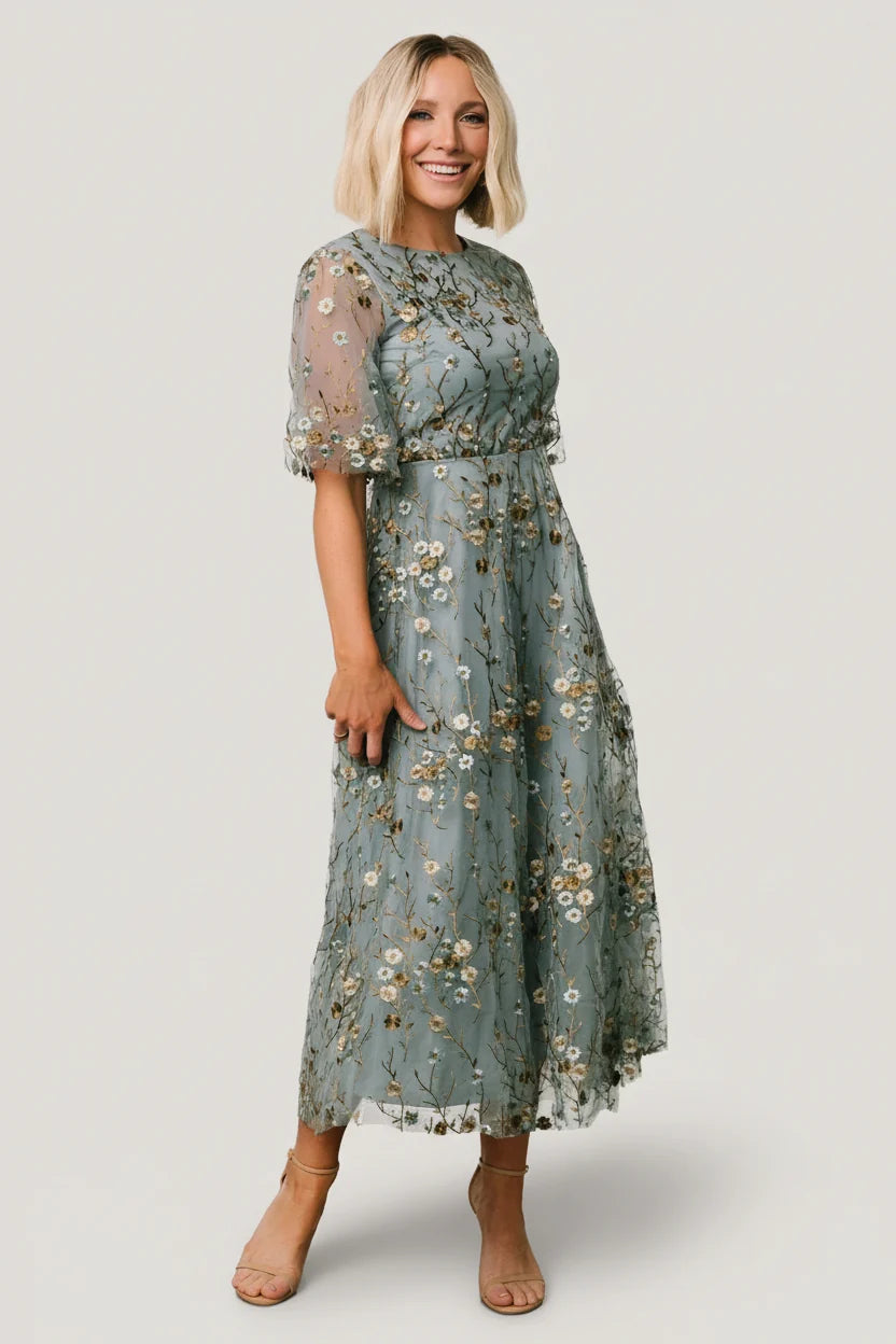 Arabella Embroidered Tulle Maxi Dress | Dusty Blue Floral Main image