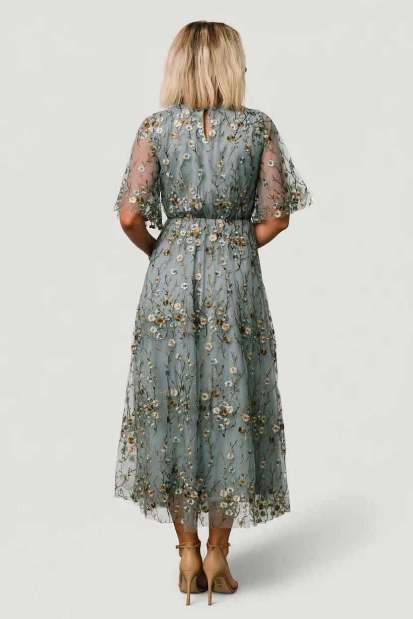Arabella Embroidered Tulle Maxi Dress | Dusty Blue Floral