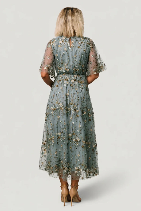Arabella Embroidered Tulle Maxi Dress | Dusty Blue Floral