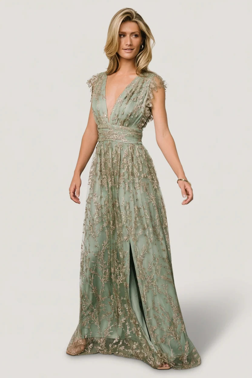 Arlene Shimmer Gown | Sage + Gold
