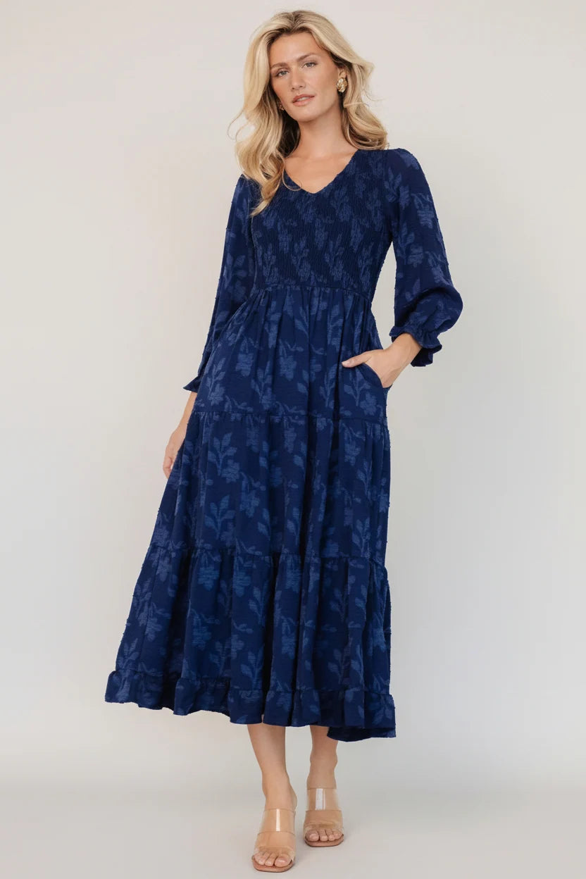 Aubrey Smocked Midi Dress | Navy Floral