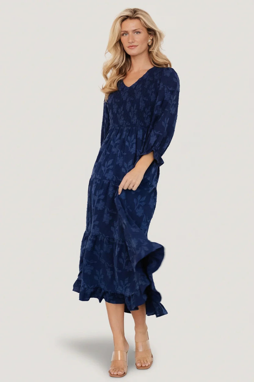 Aubrey Smocked Midi Dress | Navy Floral