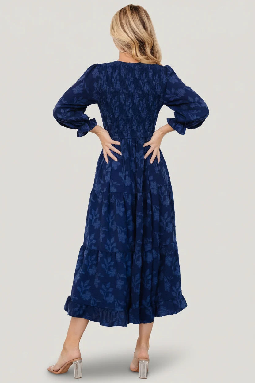 Aubrey Smocked Midi Dress | Navy Floral