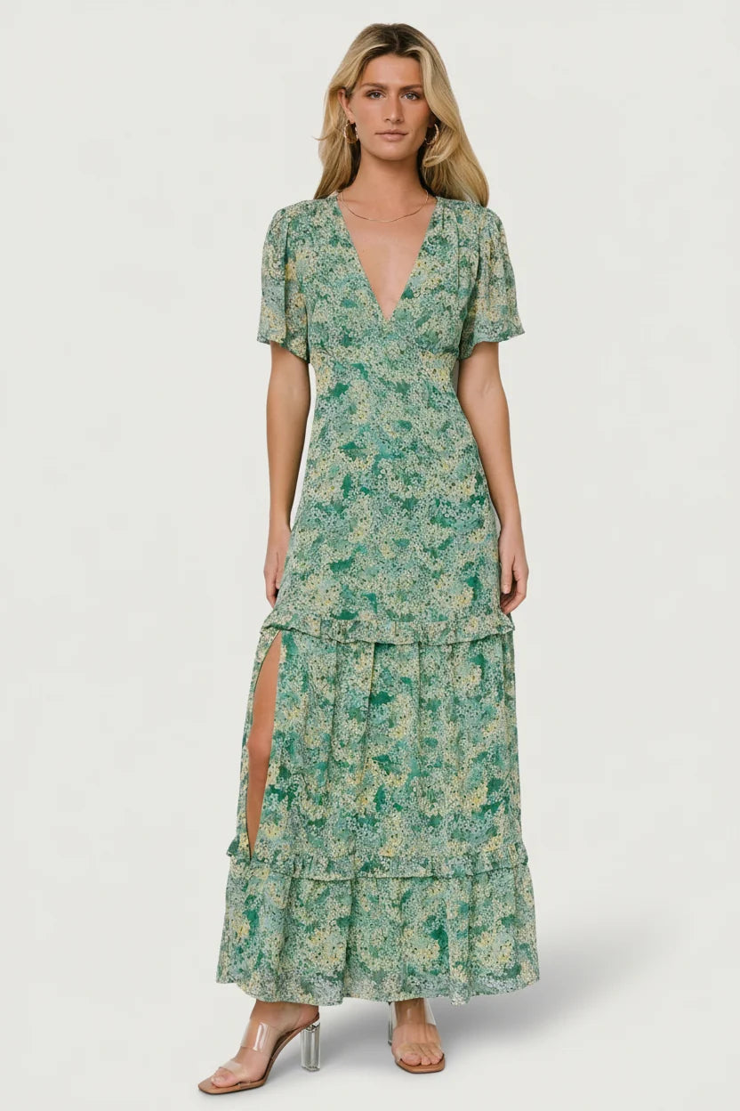 Audrey Deep V Maxi Dress | Green Floral Main image