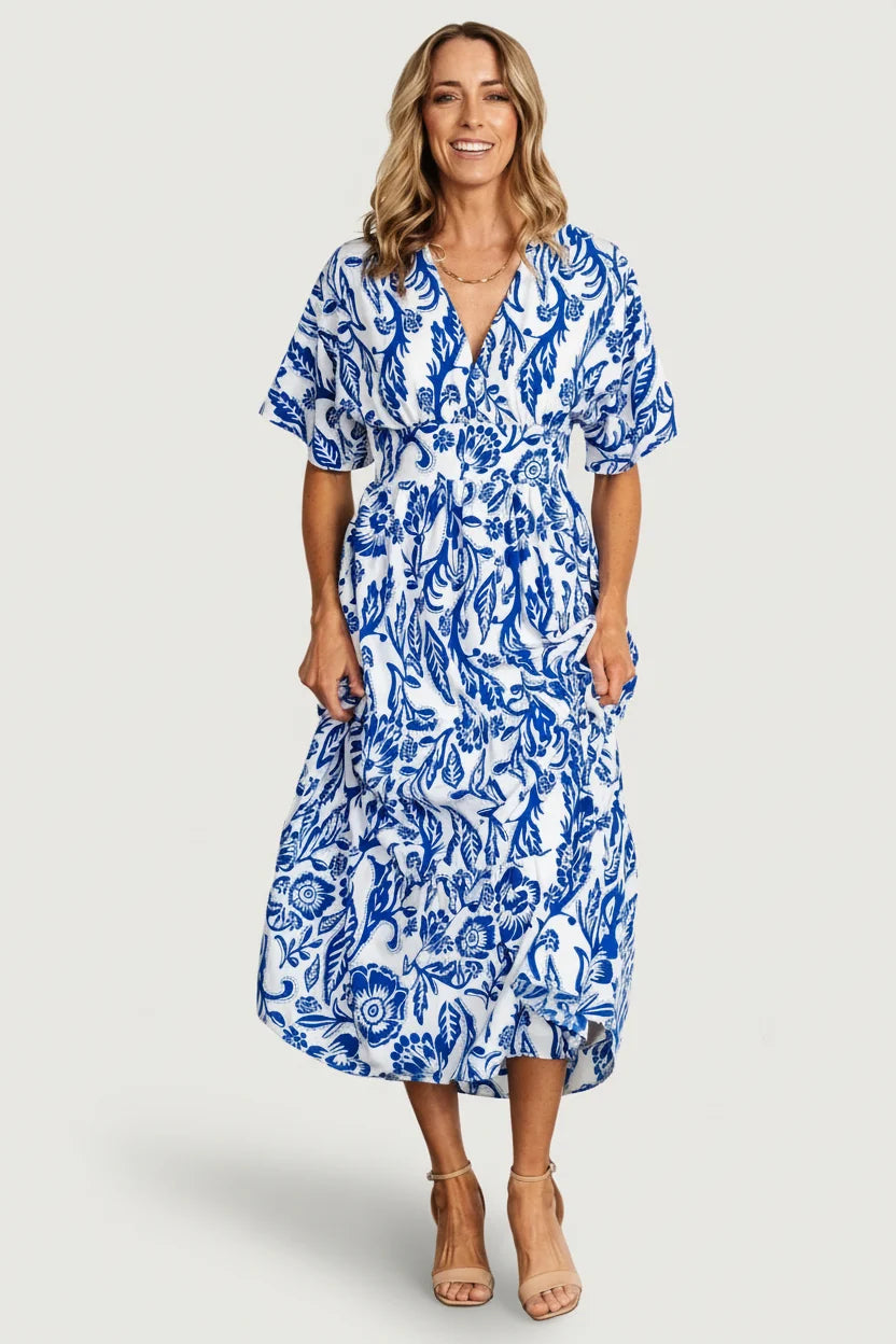 Austin Kimono Dress | Cobalt Print Main image