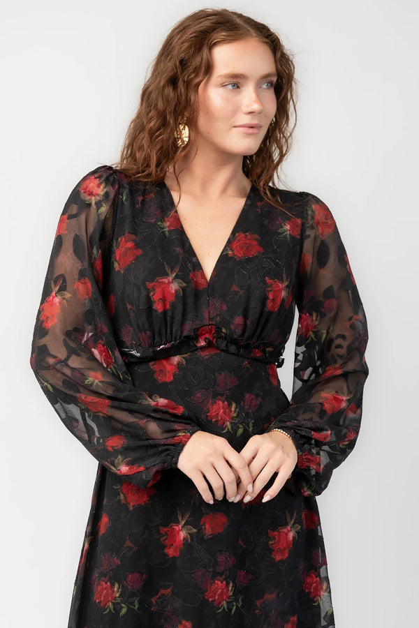Avalora Midi Dress | Black Rose Floral
