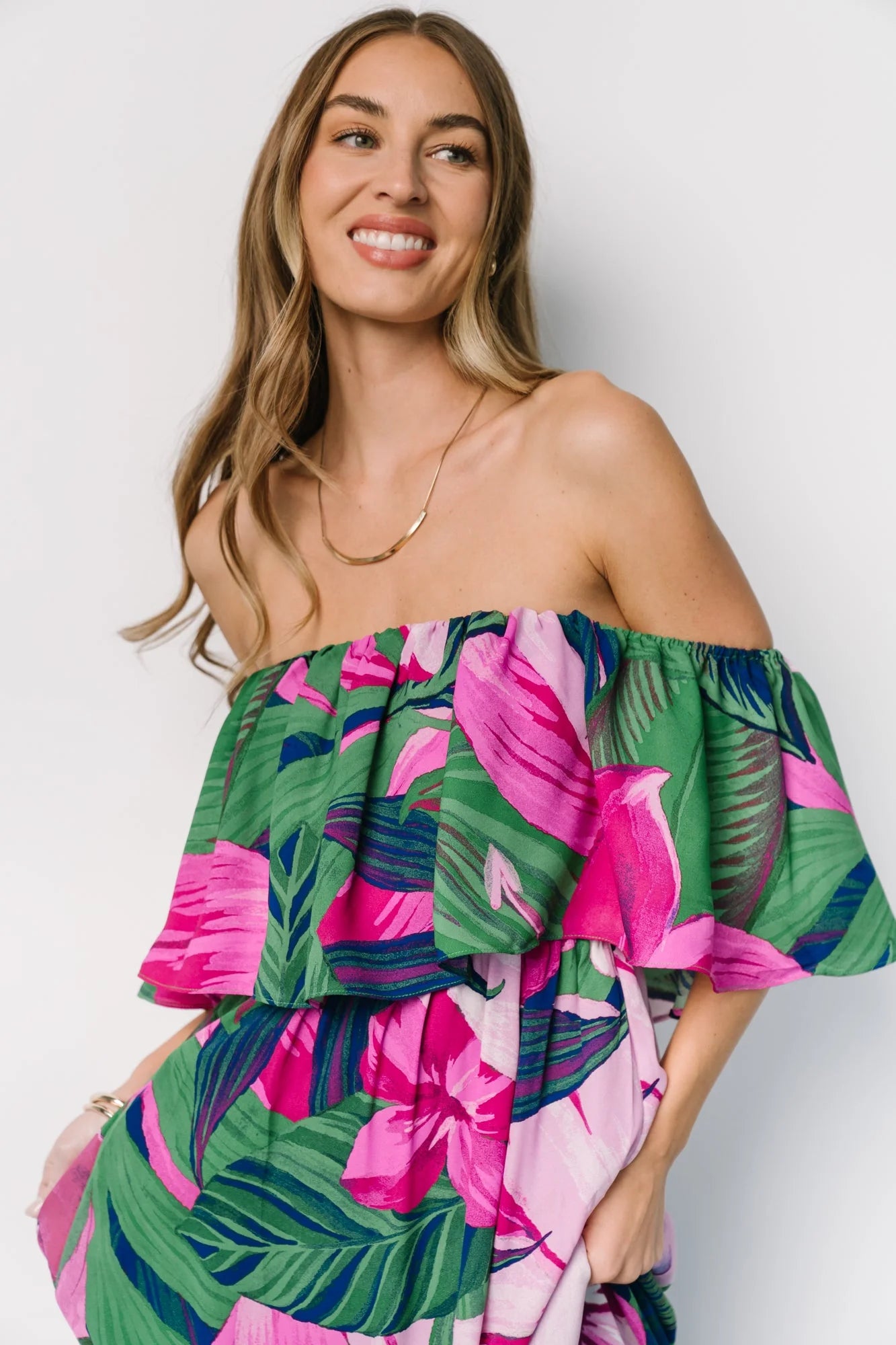 Azalea Off Shoulder Maxi Dress | Green + Fuchsia Floral Secondary image