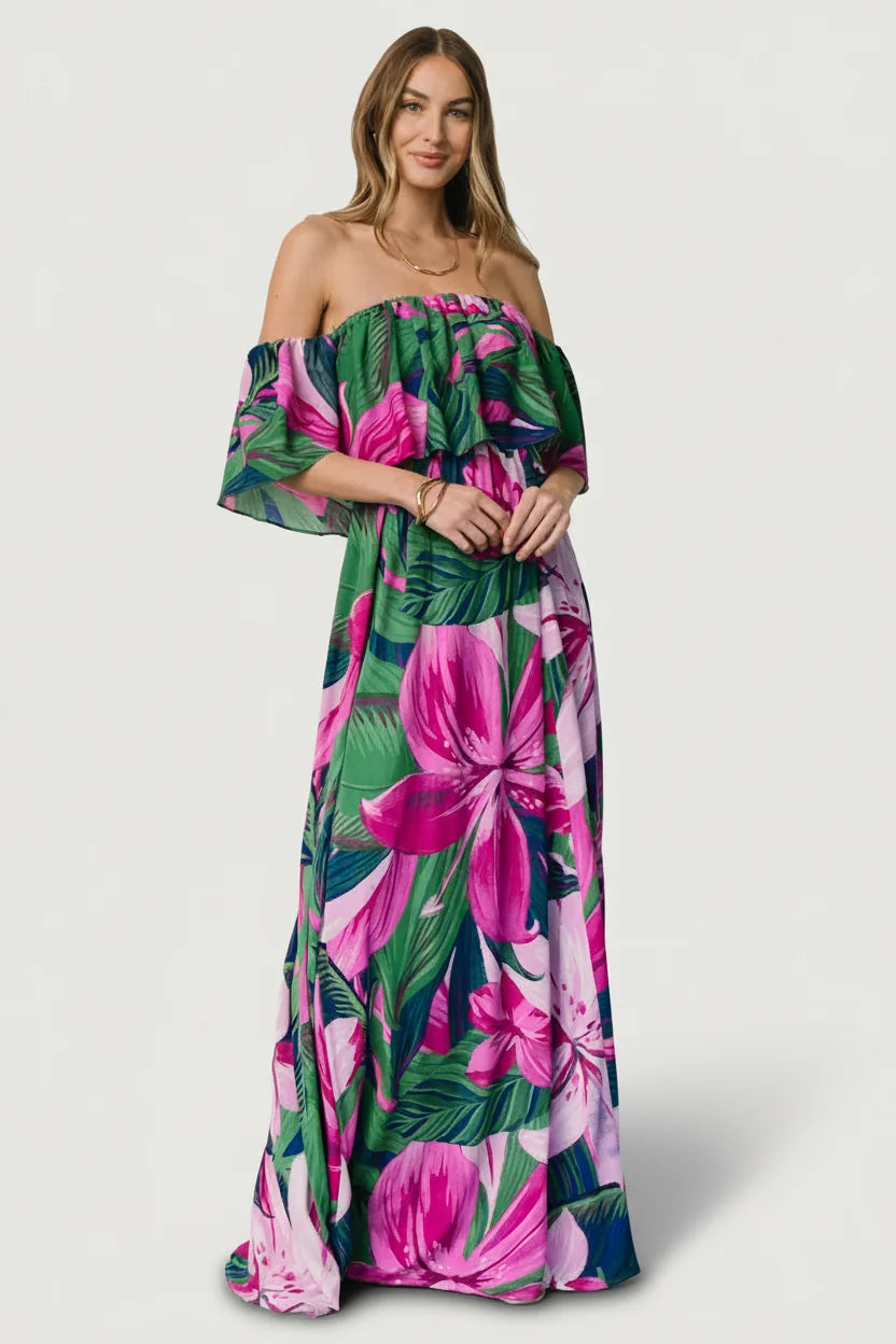 Azalea Off Shoulder Maxi Dress | Green + Fuchsia Floral Main image