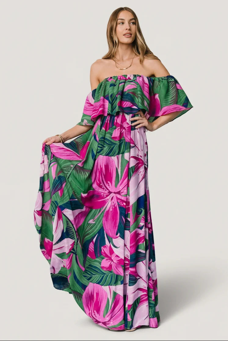 Azalea Off Shoulder Maxi Dress | Green + Fuchsia Floral