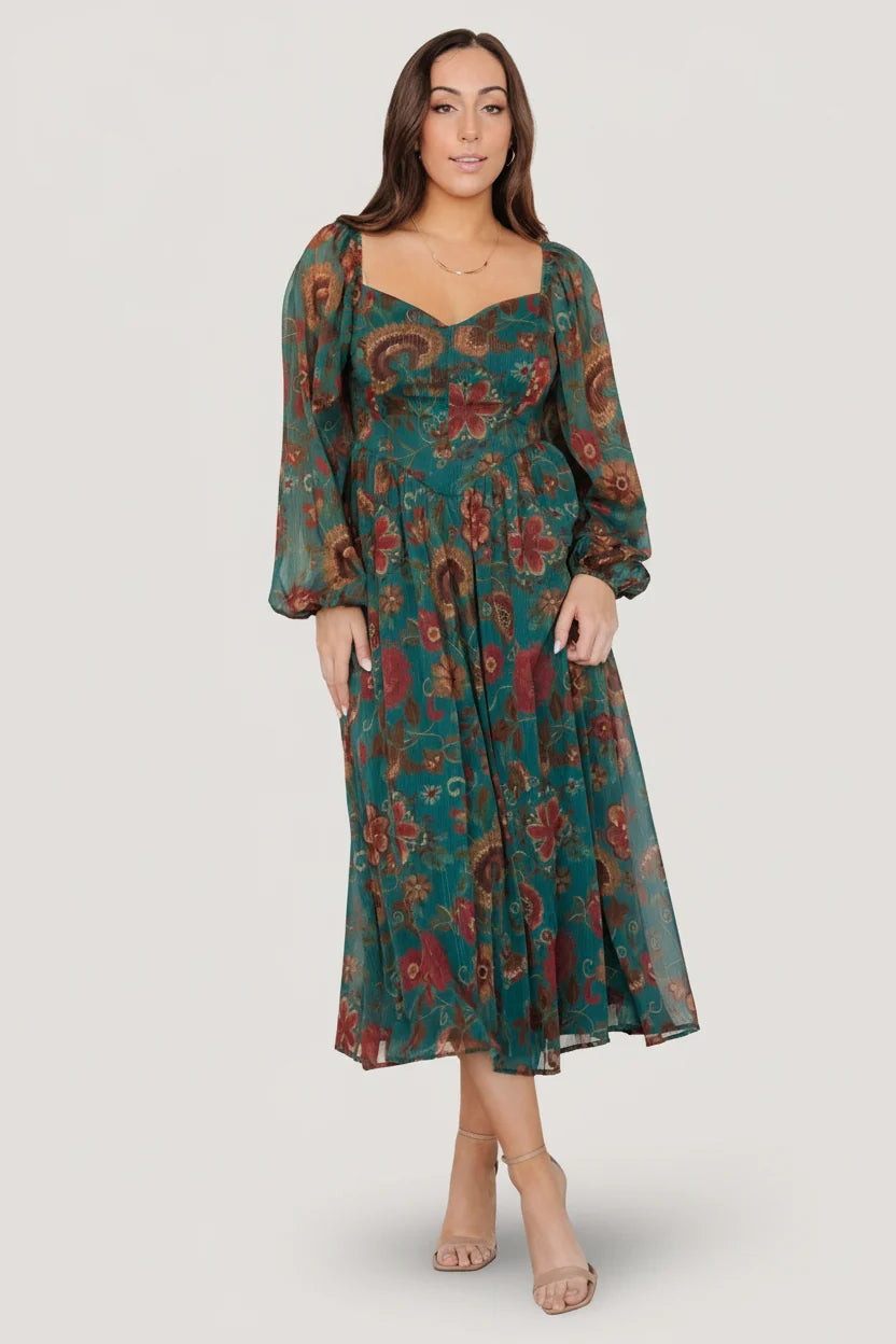 Babette Basque Waist Dress | Teal Multi Floral