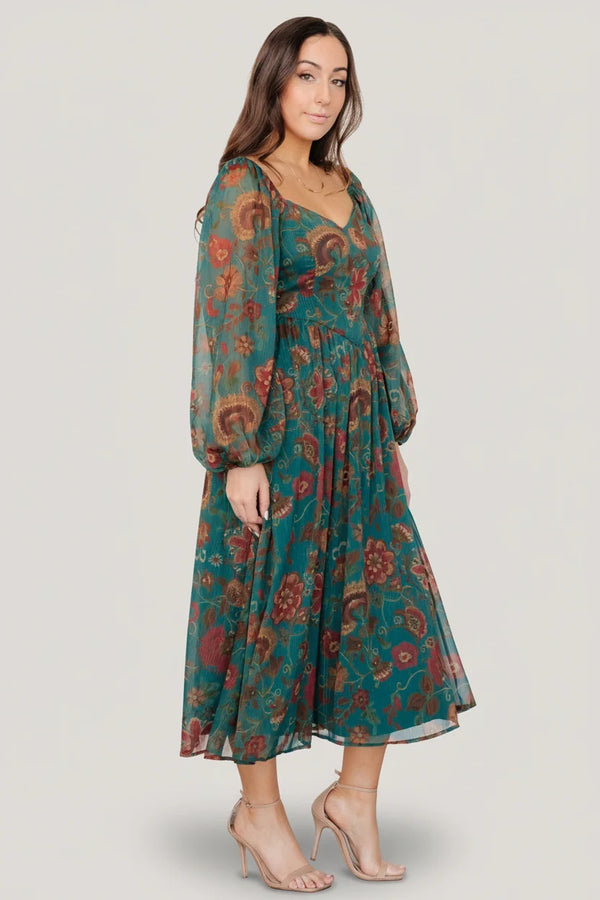 Babette Basque Waist Dress | Teal Multi Floral