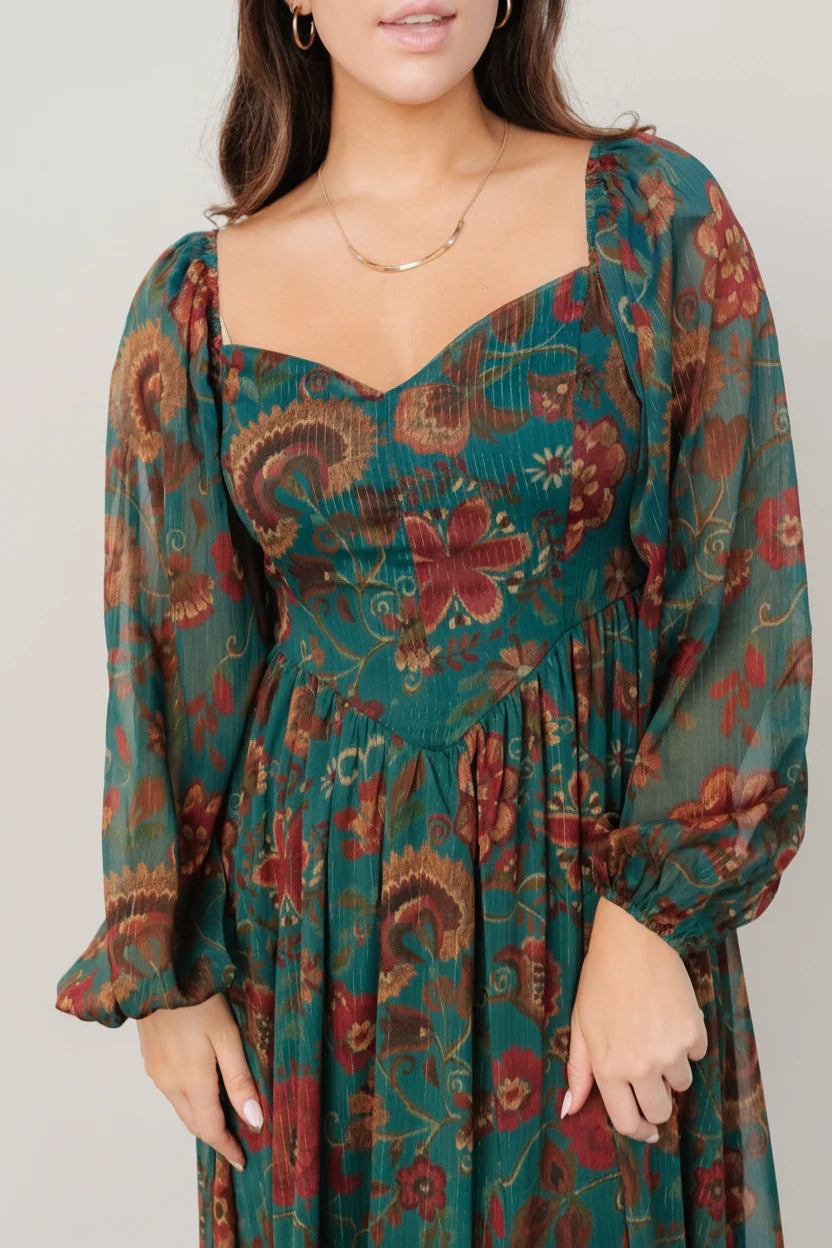 Babette Basque Waist Dress | Teal Multi Floral