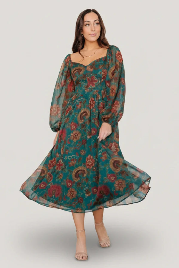 Babette Basque Waist Dress | Teal Multi Floral