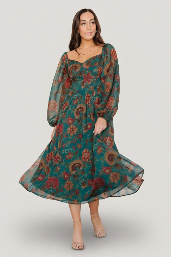 Babette Basque Waist Dress | Teal Multi Floral Main image