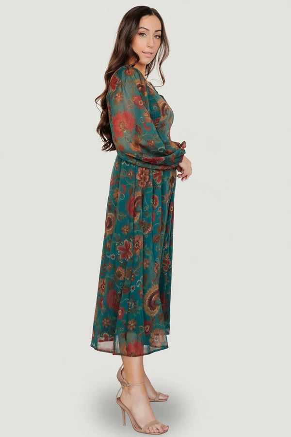 Babette Basque Waist Dress | Teal Multi Floral