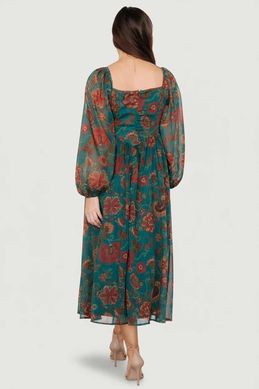 Babette Basque Waist Dress | Teal Multi Floral
