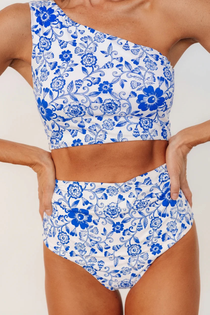 Bali High Rise Bikini Bottom | White + Cobalt Floral Secondary image