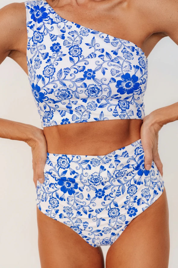 Bali High Rise Bikini Bottom | White + Cobalt Floral