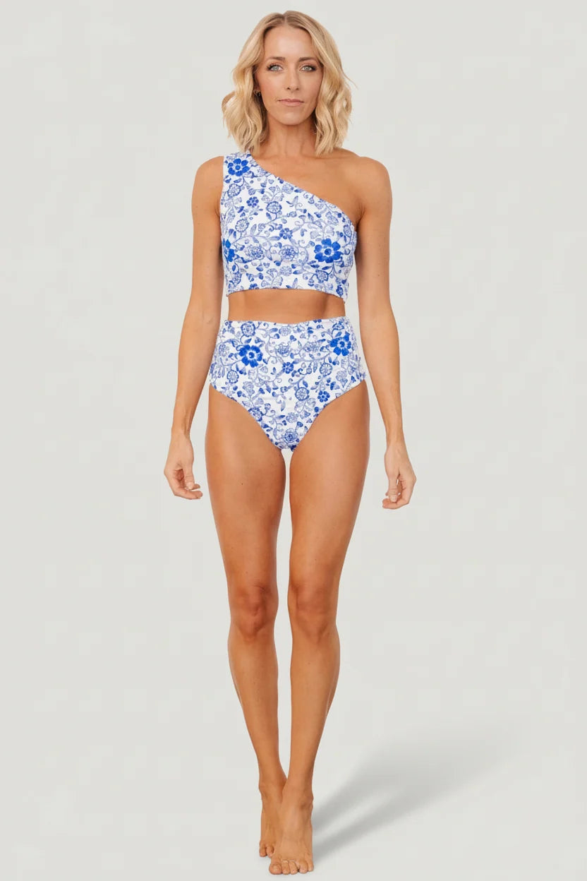 Bali High Rise Bikini Bottom | White + Cobalt Floral Main image