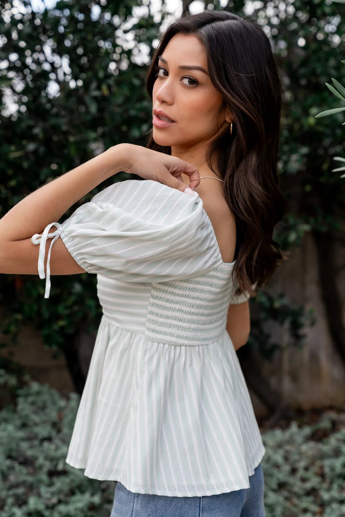 Betsy Peplum Top | Green+ White Stripe
