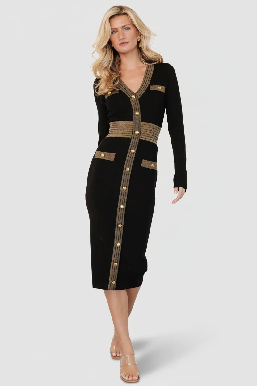 Birgitta Ribbed Sweater Dress | Black + Gold