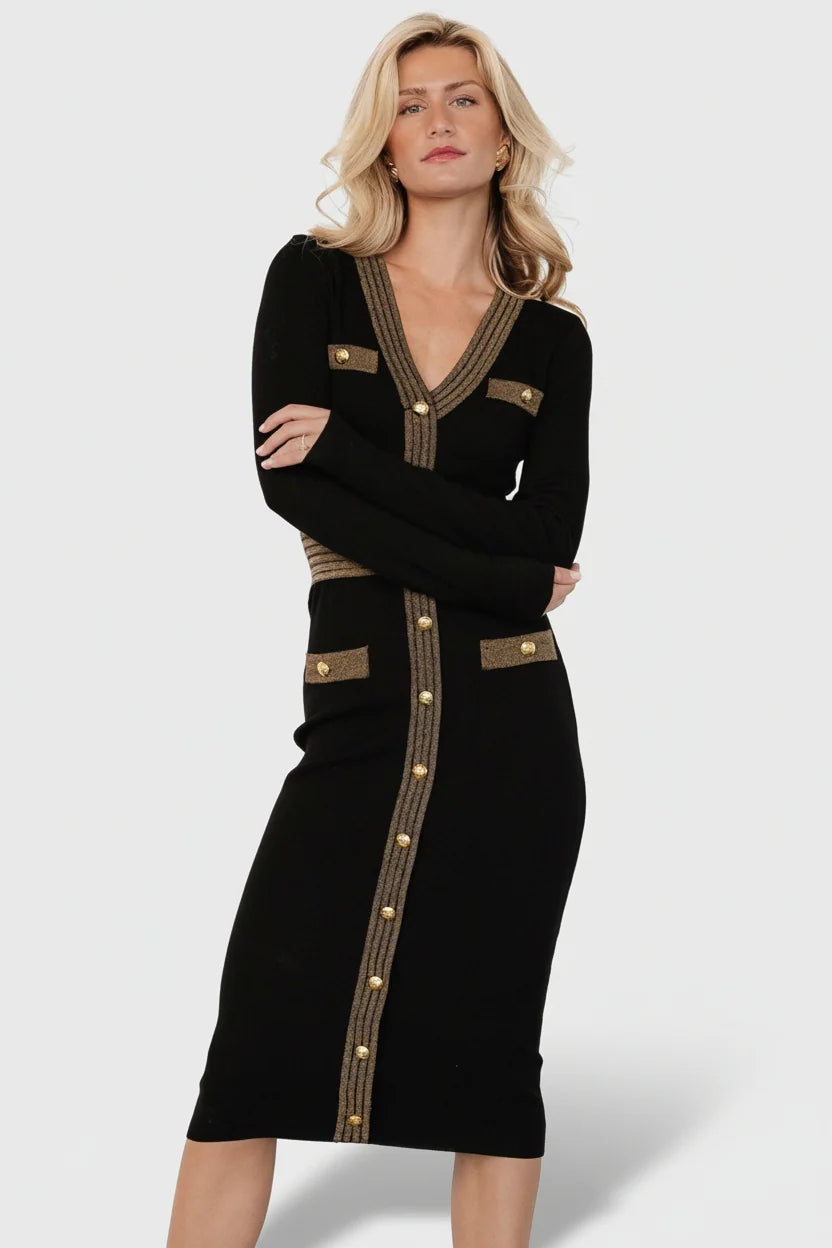 Birgitta Ribbed Sweater Dress | Black + Gold