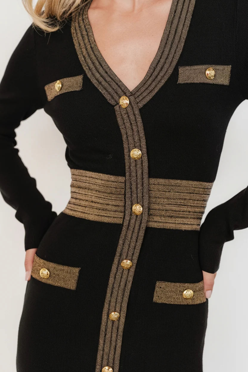 Birgitta Ribbed Sweater Dress | Black + Gold