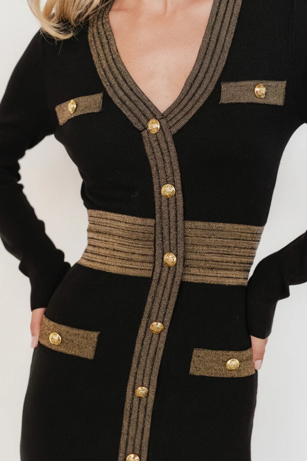 Birgitta Ribbed Sweater Dress | Black + Gold