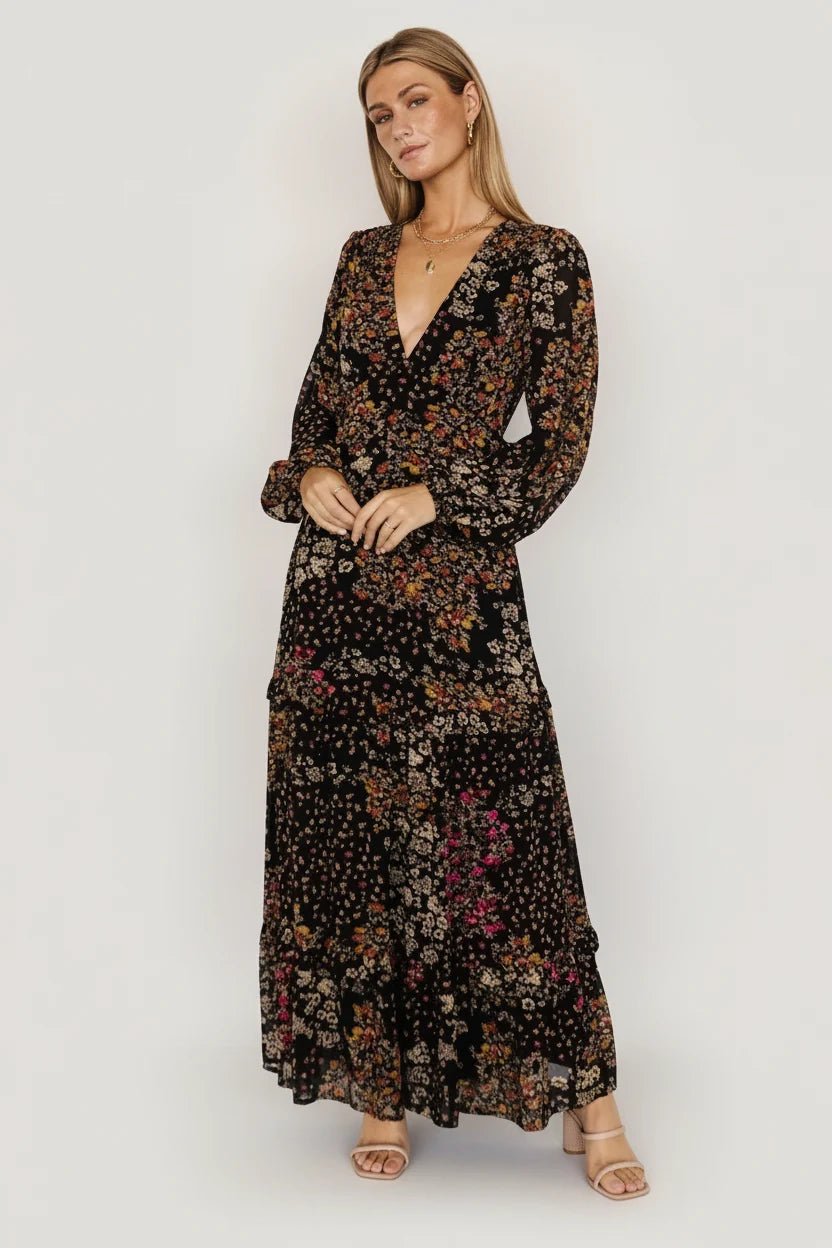 Bowman Deep V Maxi Dress | Black Multi Main image
