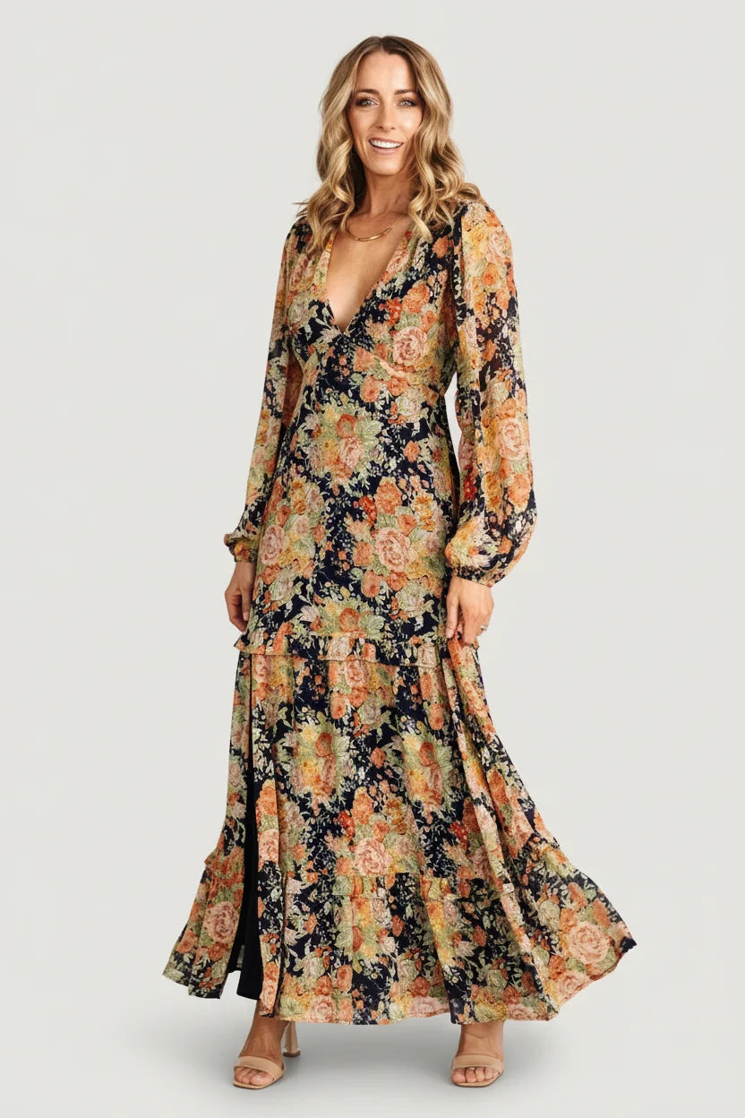 Bowman Deep V Maxi Dress | Navy Floral Main image